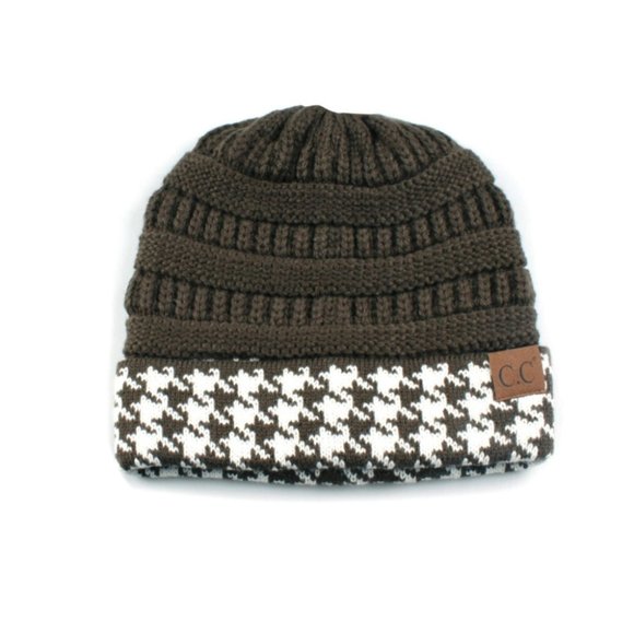CC C.C Houndstooth Olive Green & White Beanie Hat - Picture 1 of 1